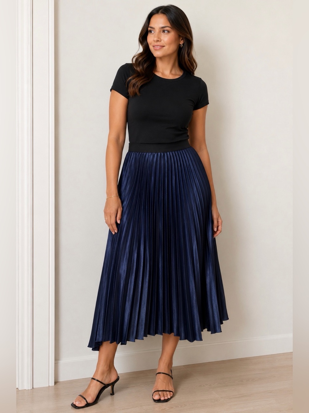 Time and Tru Navy Blue Pleated Maxi Skirt with Black Waistband